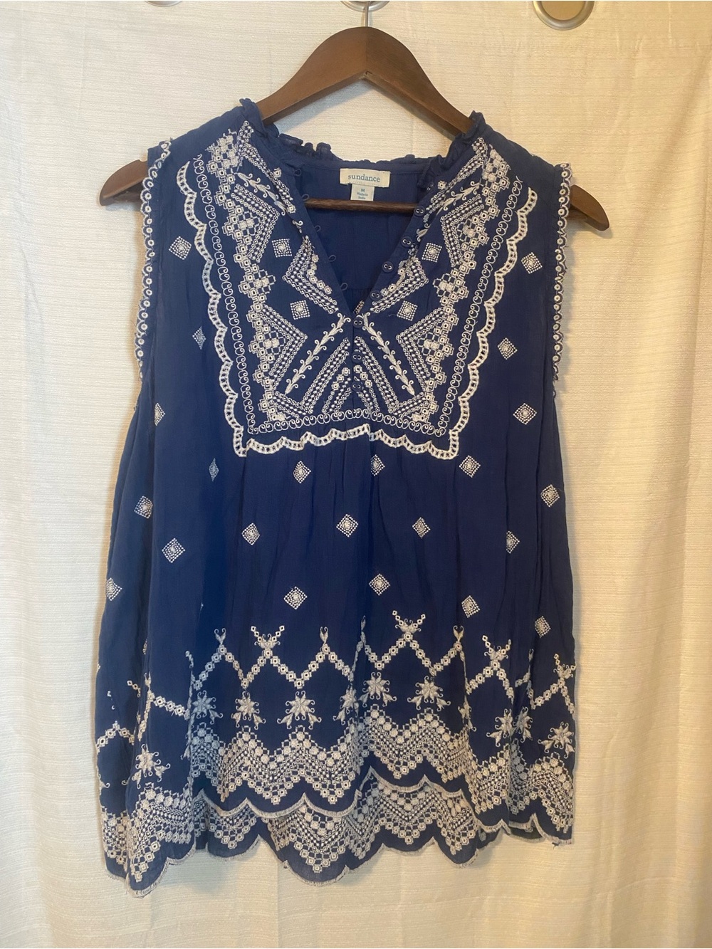 Sundance Navy Blue Sleeveless Embroidered Cotton Boho Top